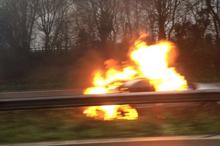 The burning car on the M20 this morning. Picture: @Jakeyb14