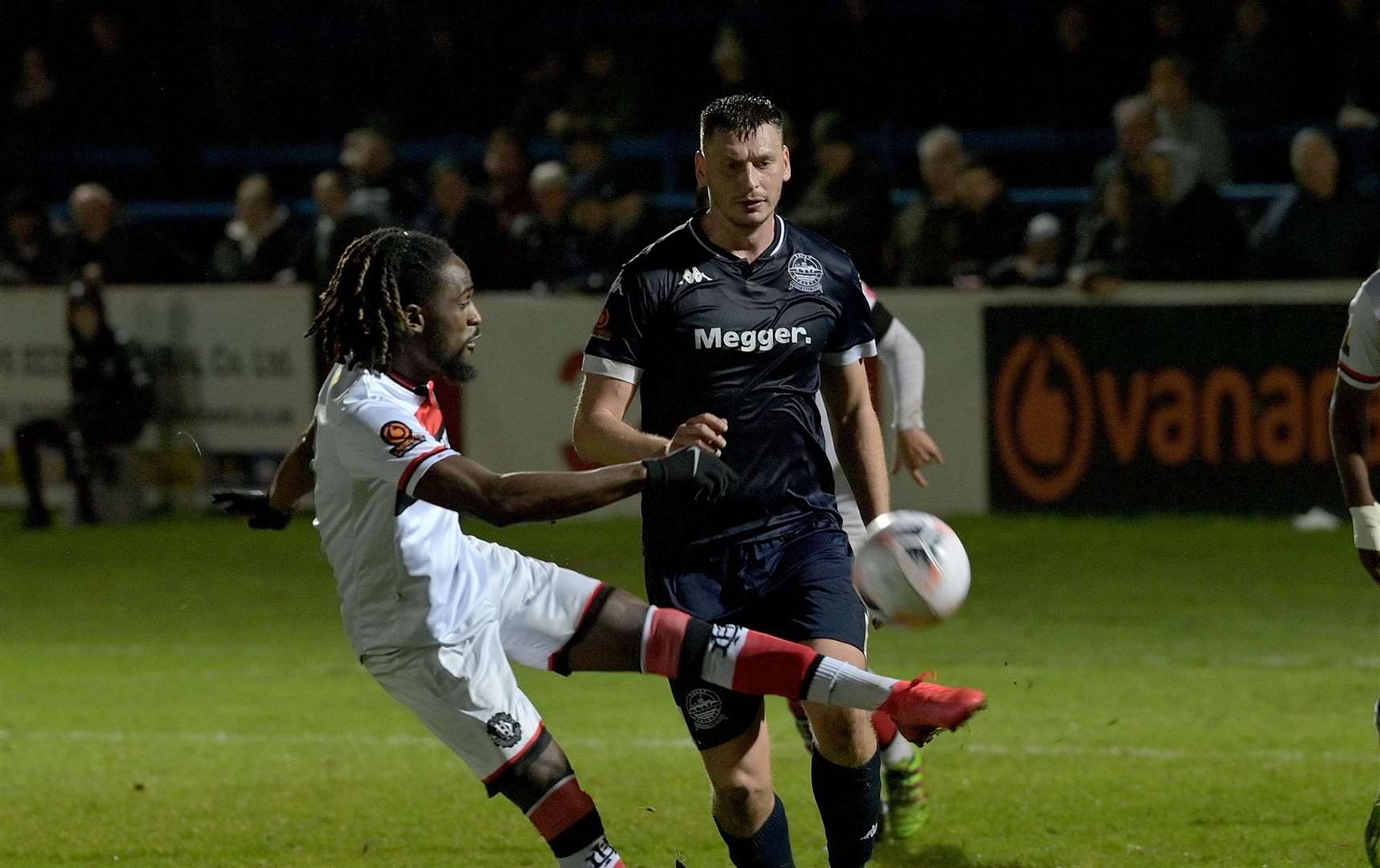 Defender Jake Goodman closes down a Dulwich man. Picture: Stuart Brock