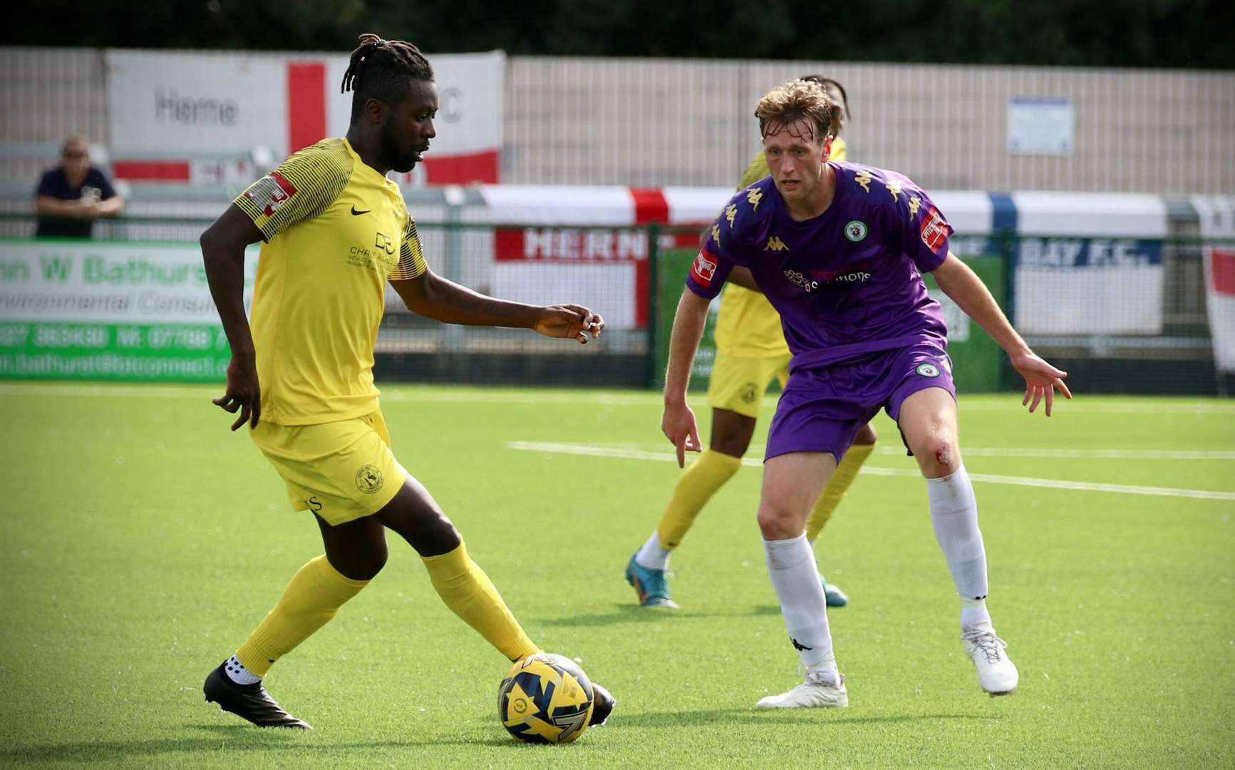 Bola Dawodu, of Herne Bay, on the ball in midfield. Picture: James Aylward