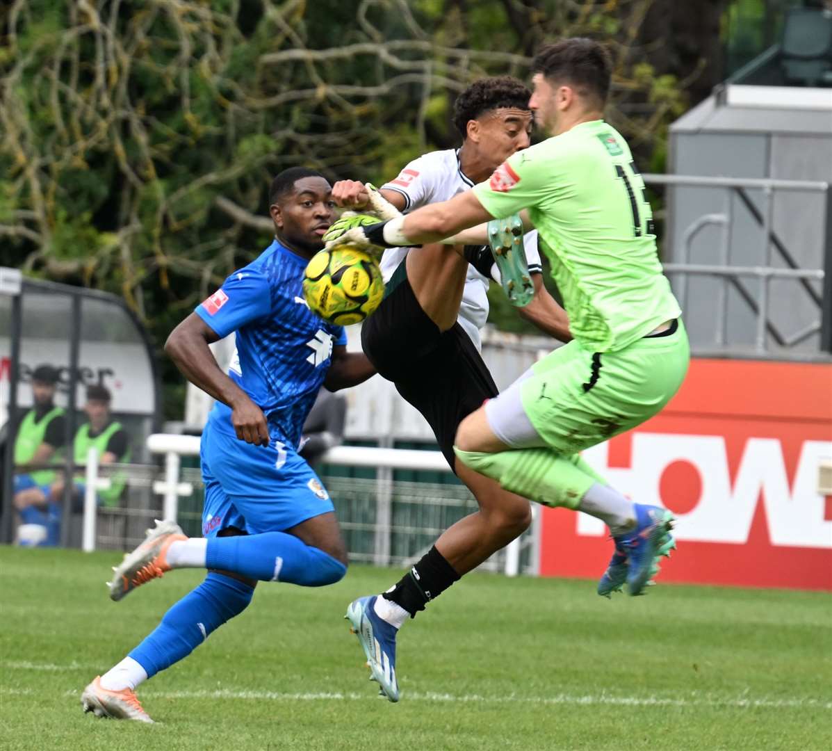 Dartford keeper Matt Kerbey rushes out to deny Luke Baptiste at Crabble last weekend. Picture: Barry Goodwin