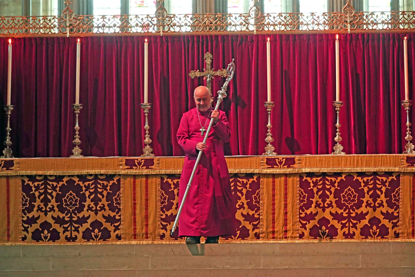 The 98th Archbishop of York, Bishop Stephen Geoffrey Cottrell, takes up the historic Braganza crozier (Peter Byrne/PA)