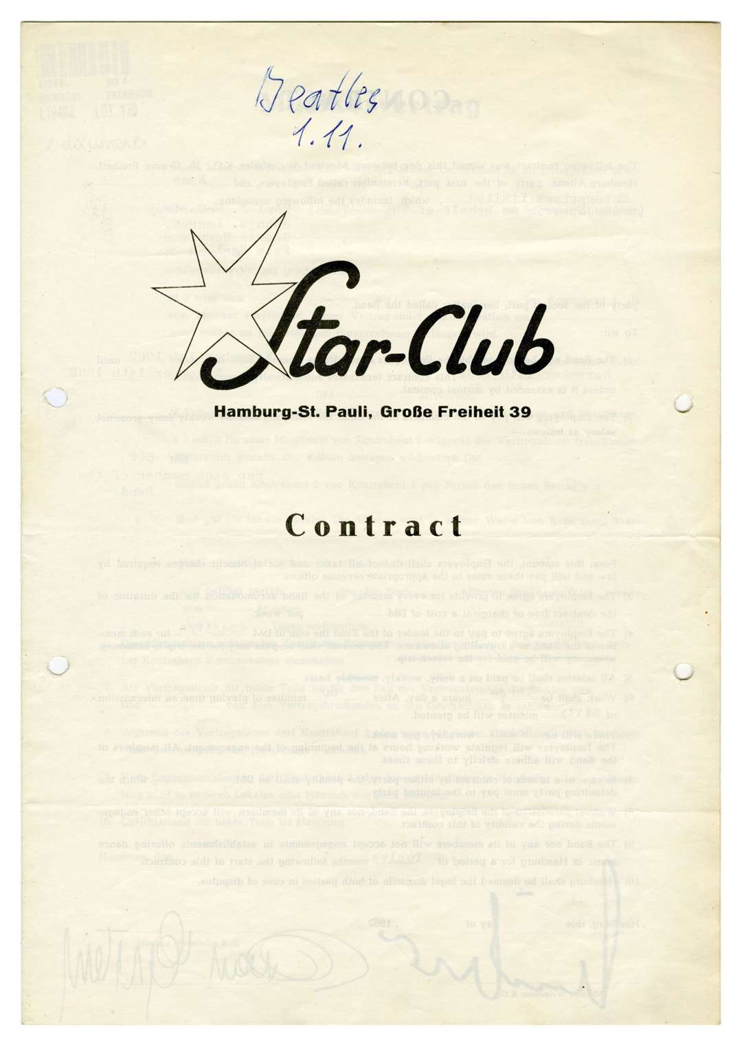 Undated handout photo issued by TracksAuctions.com of the original contract from 1962 (TrackAuctions.com/PA)