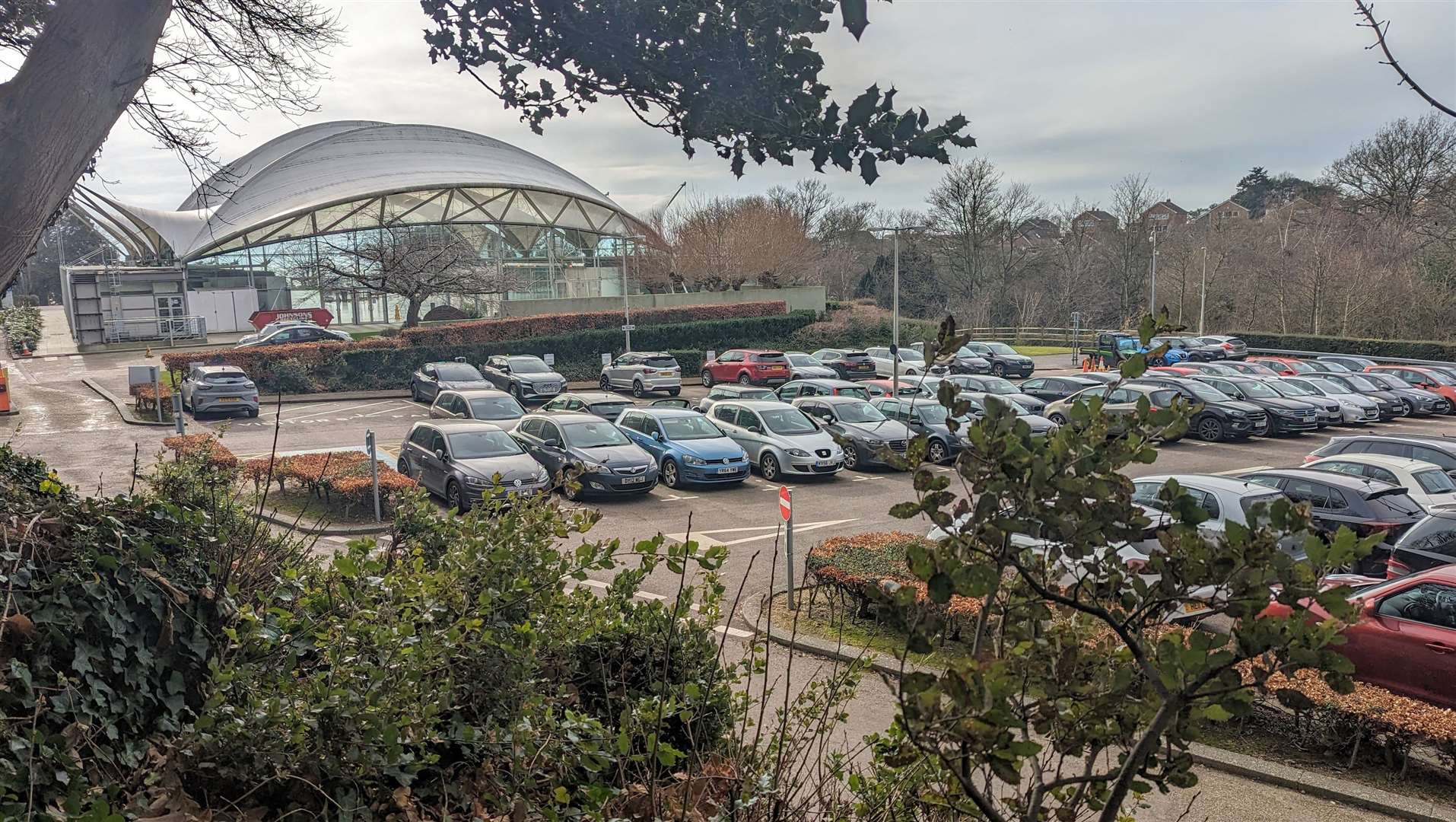 The car park with the Pavilion beyond it