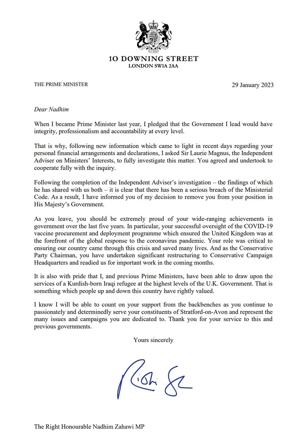 Handout image of a letter from Prime Minister Rishi Sunak to Nadhim Zahawi who has been sacked as Conservative Party chairman (10 Downing Street/PA)