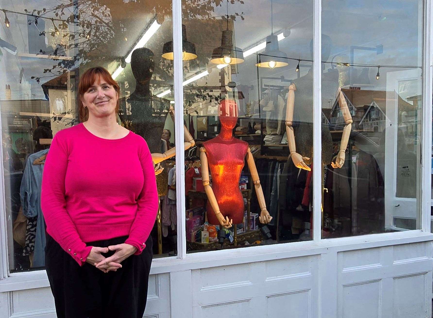 Shop manager Karen Hills outside the pioneering new Pilgrims Hospice charity store in Tankerton