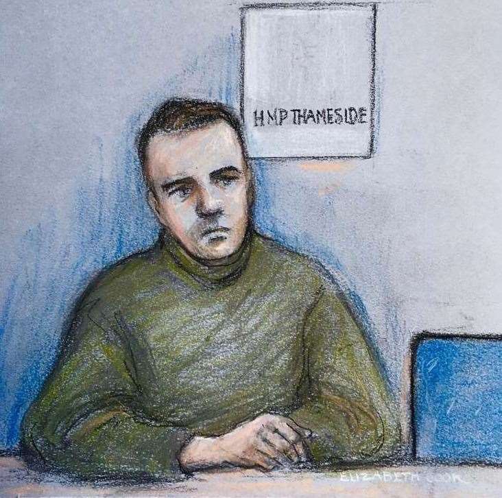 Court artist sketch of Jordan McSweeney, 29, appearing by video link from HMP Thameside during a hearing at the Old Bailey. Picture: Elizabeth Cook/PA