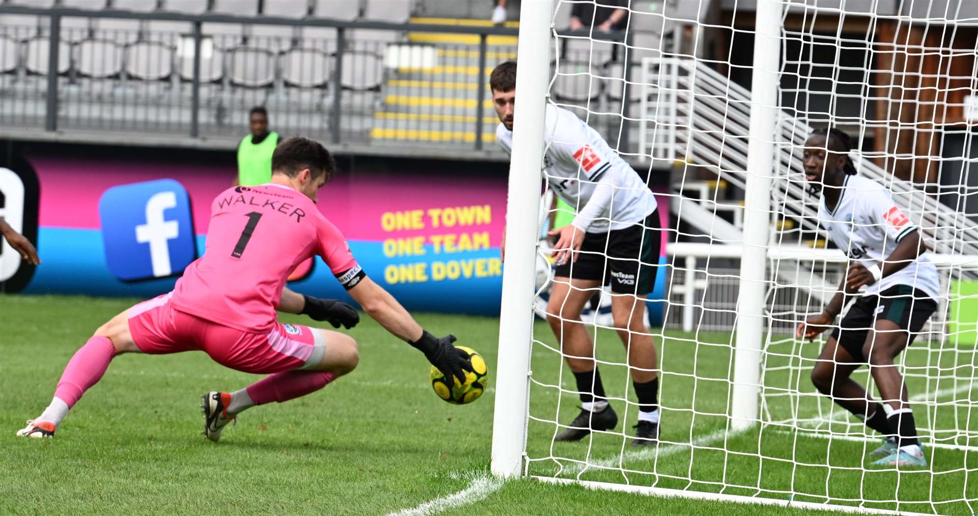 Dover keeper Mitch Walker makes a brilliant one-handed save to deny Dartford at Crabble on Saturday. Picture: Barry Goodwin