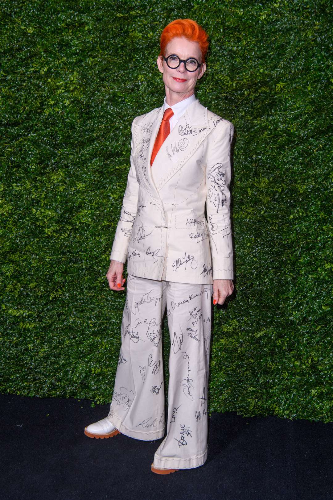 Sandy Powell wearing her signed suit at the BAFTAs. Photo: Matt Crossick/Empics