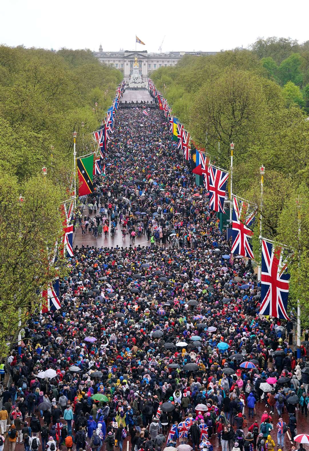 Crowds line The Mall after the coronation ceremony of the King and Queen Camilla in central London (Gareth Fuller/PA)