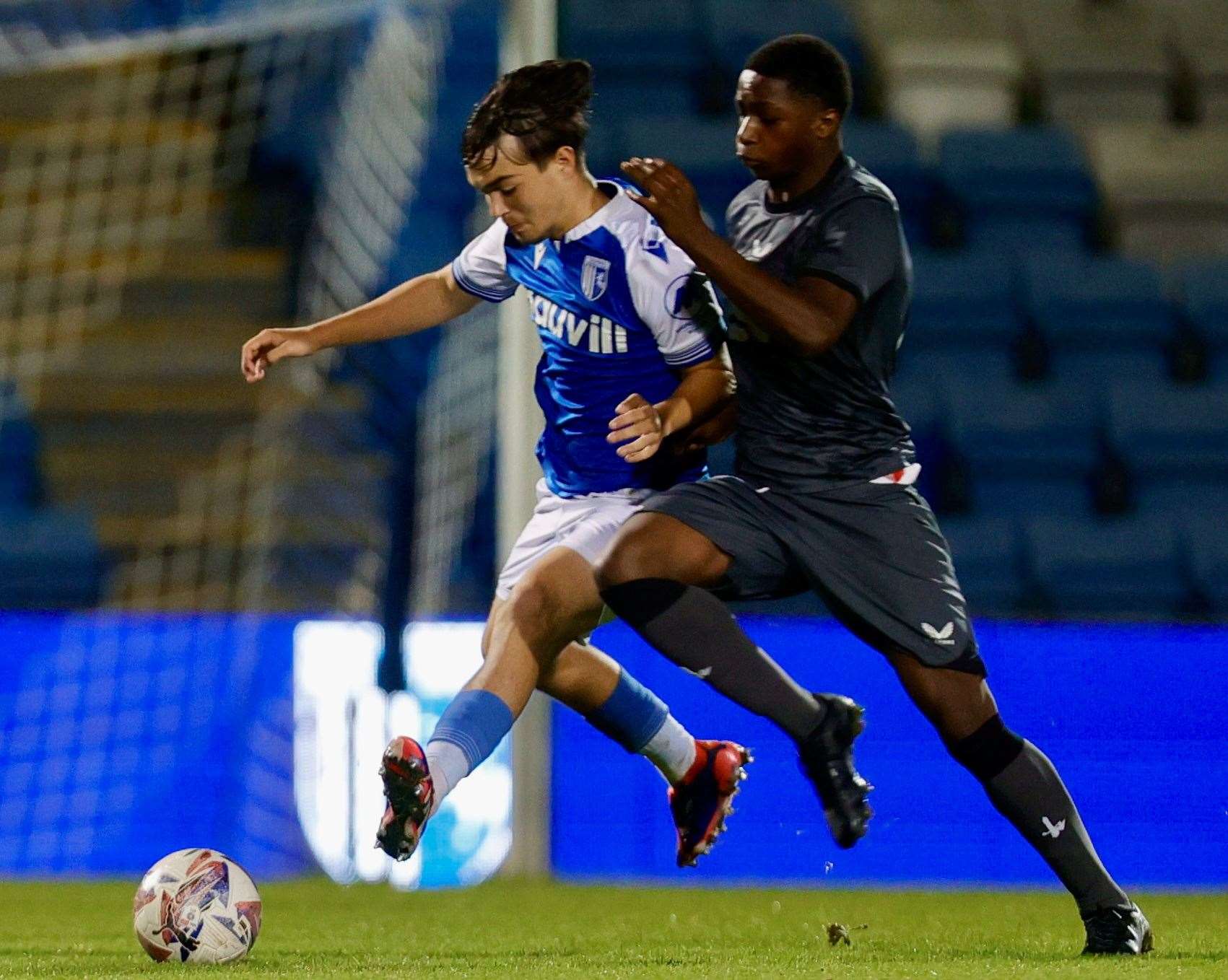 Gillingham's Cruz Beszant is put under pressure by Charlton at Priestfield. Picture: @Julian_KPI/Gillingham FC