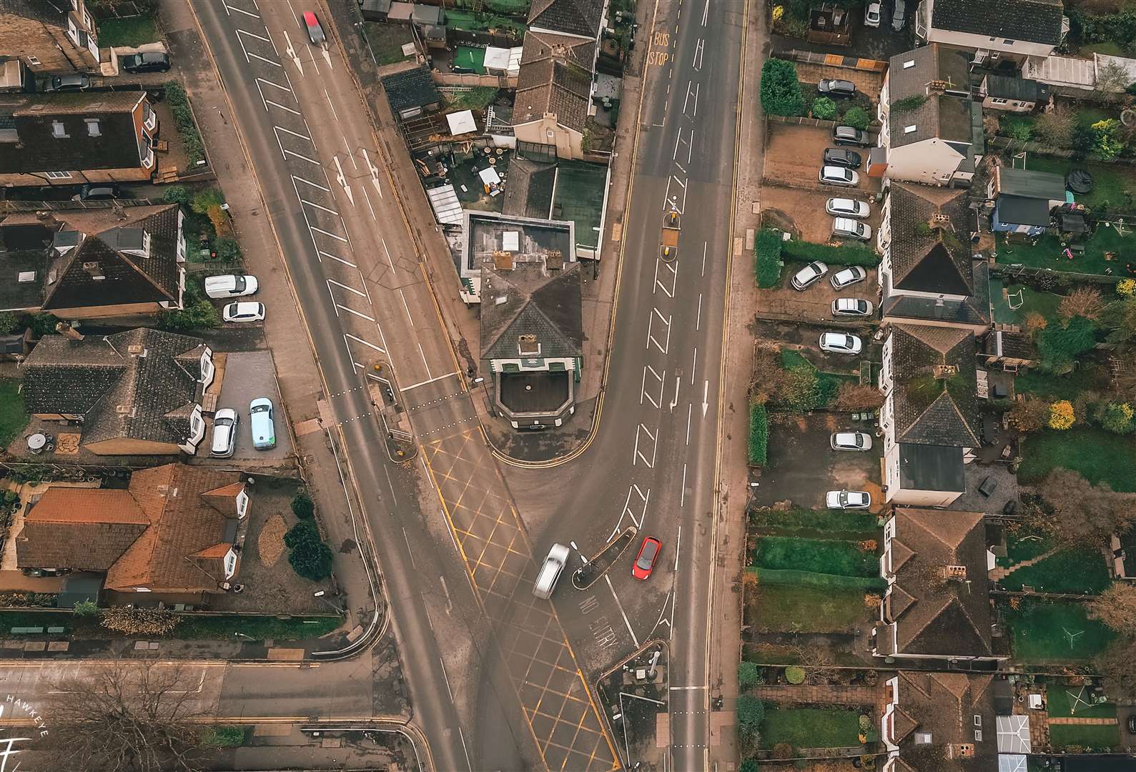 A bird's eye view of the junction as it is now, with the Wheatsheaf pub right in the middle of the junction Picture: supplied by Hawkeye Aerial Media