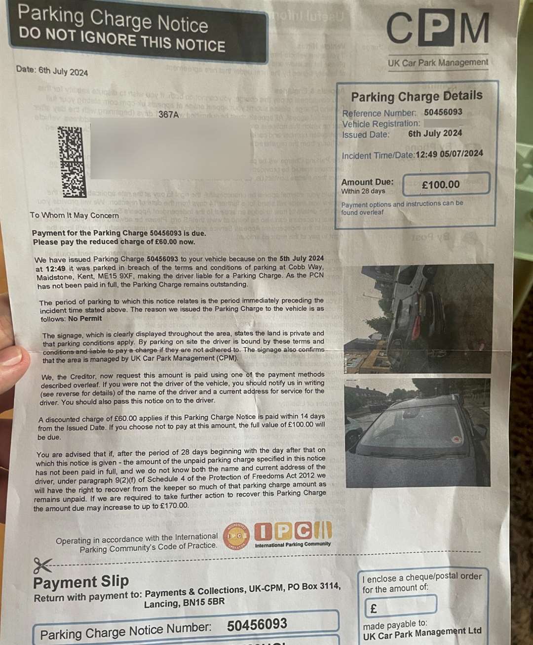 The CPM penalty notice Suzette Jones received after parking outside Park Wood shops in Maidstone