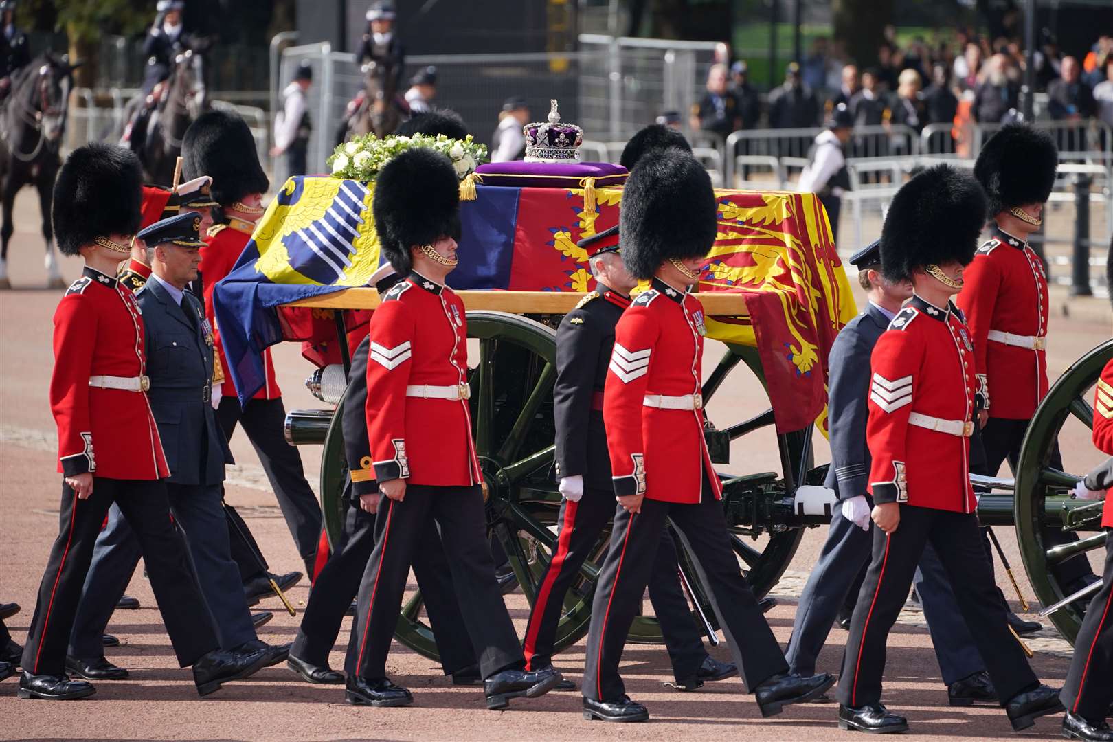 The Queen’s coffin was carried by gun carriage to Westminster Hall for the lying in state (Dominic Lipinski/PA)