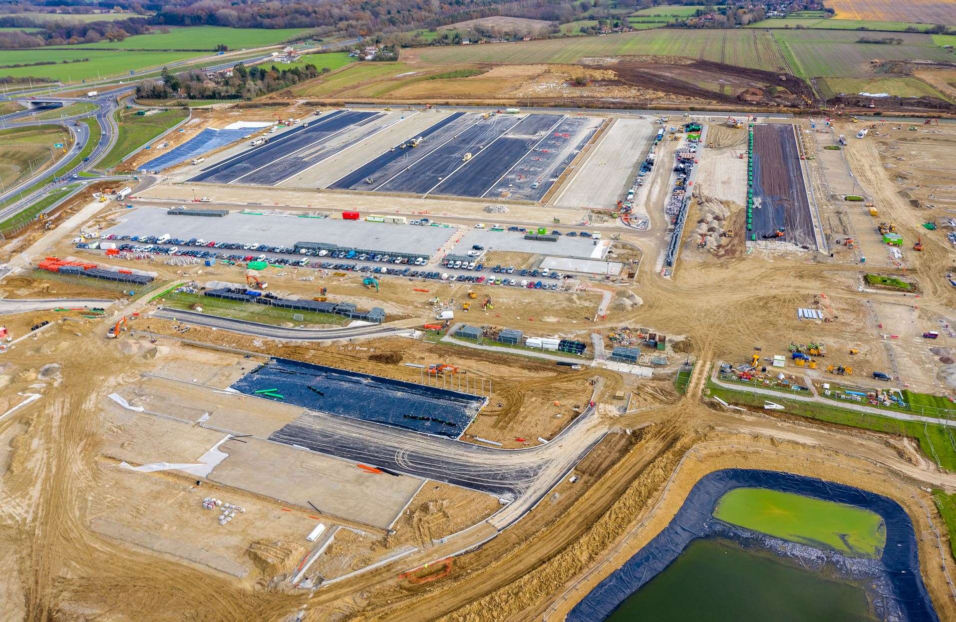 The Sevington Brexit lorry park from above, pictured in late November