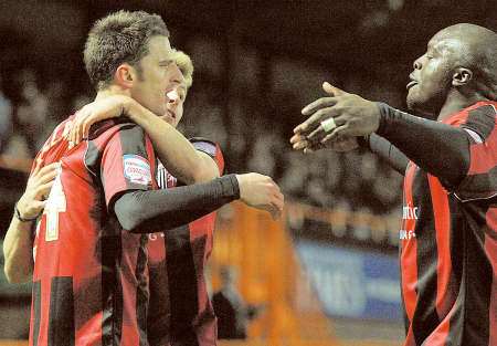 Chris Whelpdale is congratulated on his equaliser