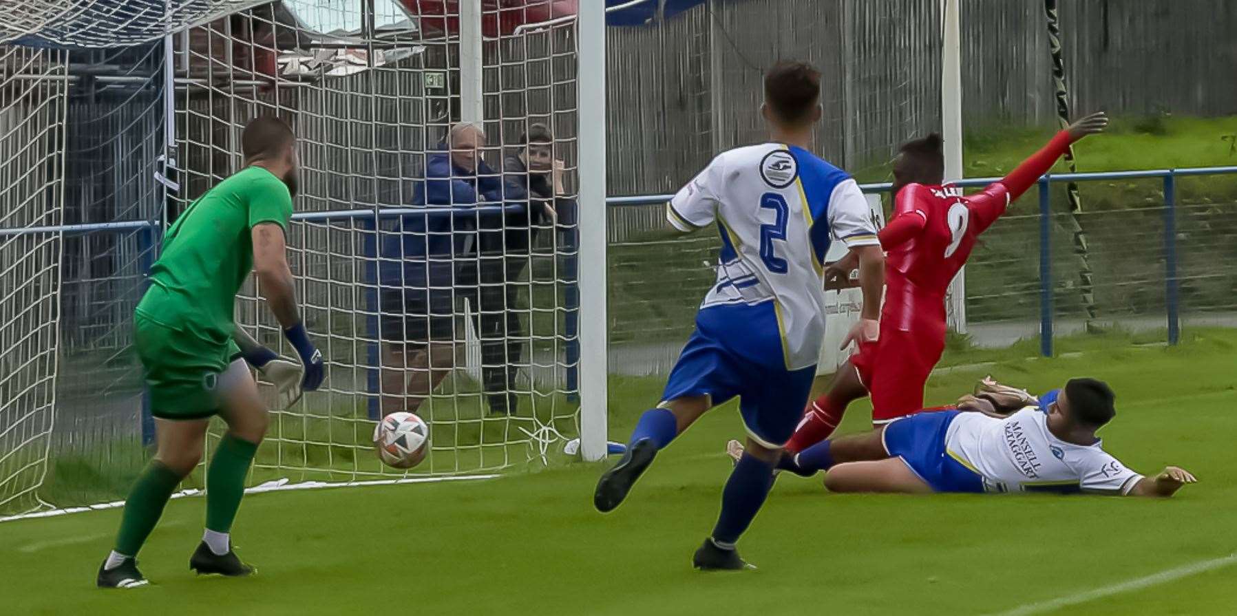 Steadman Callender completes his hat-trick for Whitstable at Haywards Heath. Picture: Les Biggs