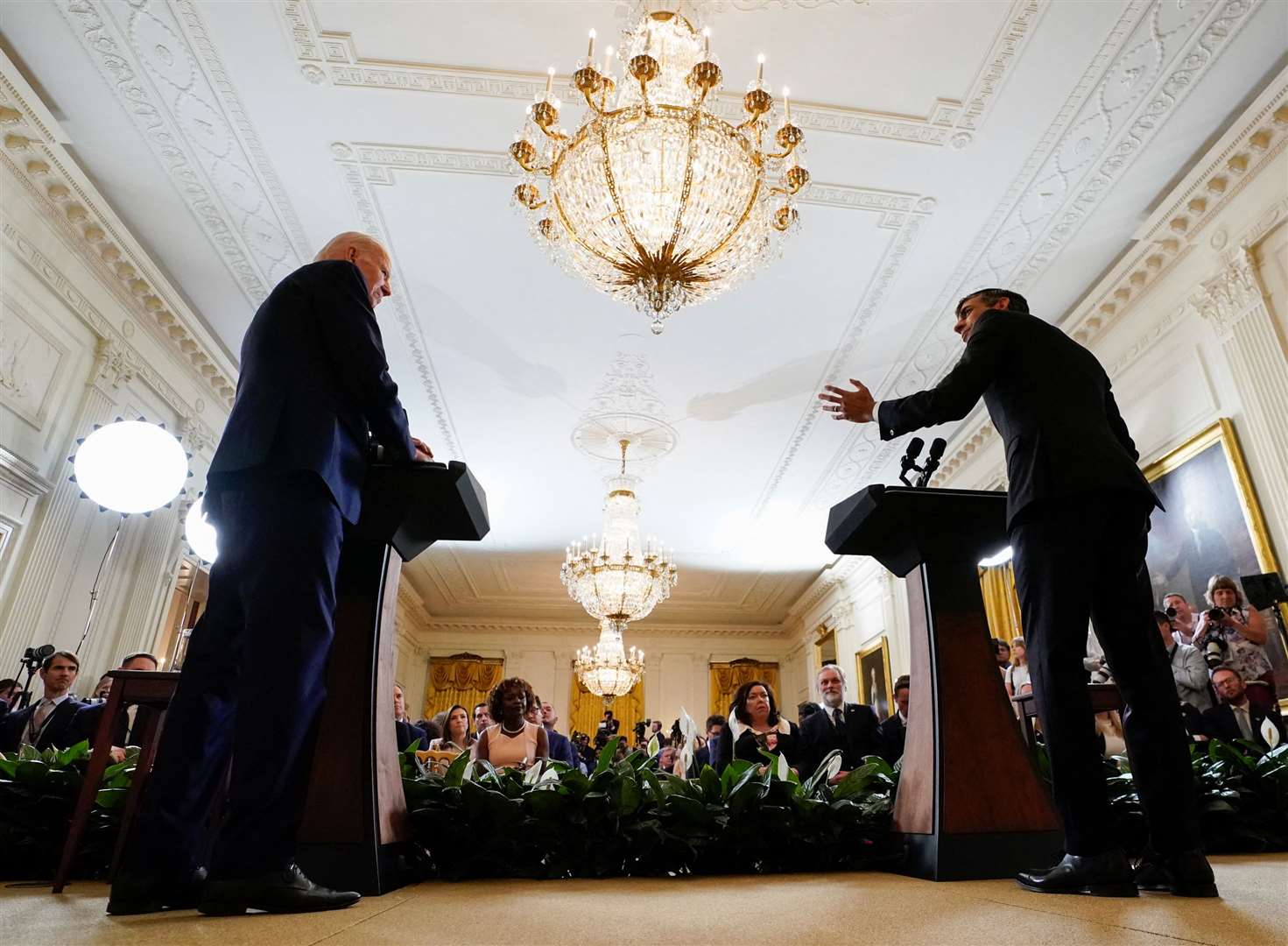 Rishi Sunak and Joe Biden take part in a joint press conference in the East Room at the White House (Kevin Lamarque/PA)