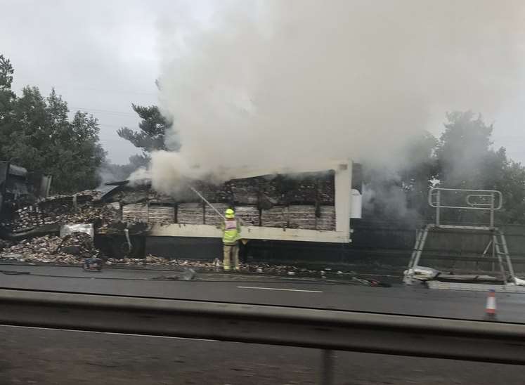 The lorry carrying chocolate bars caught fire. Picture: @Deanscott23