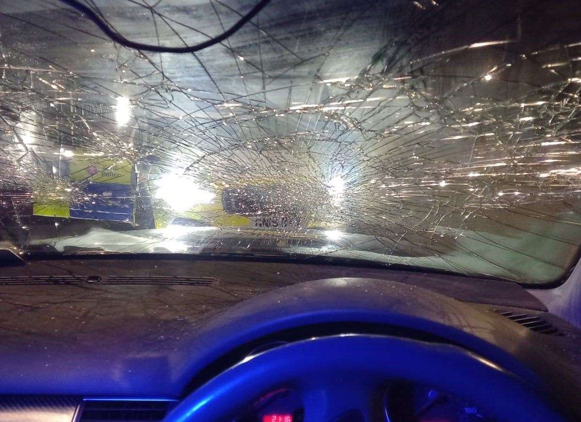 Smashed windscreen on a car stopped by police on the A2 at Cobham. Picture: Kent Police/Twitter