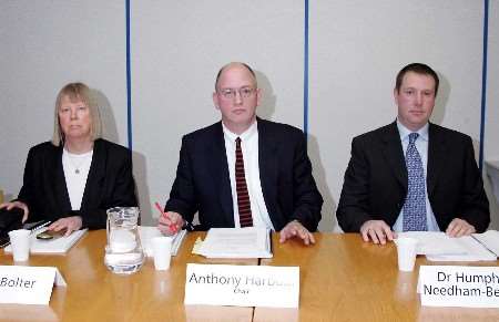 FROM LEFT: Linda Bolton, Mental Health Act commissioner, Anthony Harbour, solicitor and chair of the panel and Dr Humphrey Needham-Bennett, consultant forensic psychiatrist, face the press on Thursday.