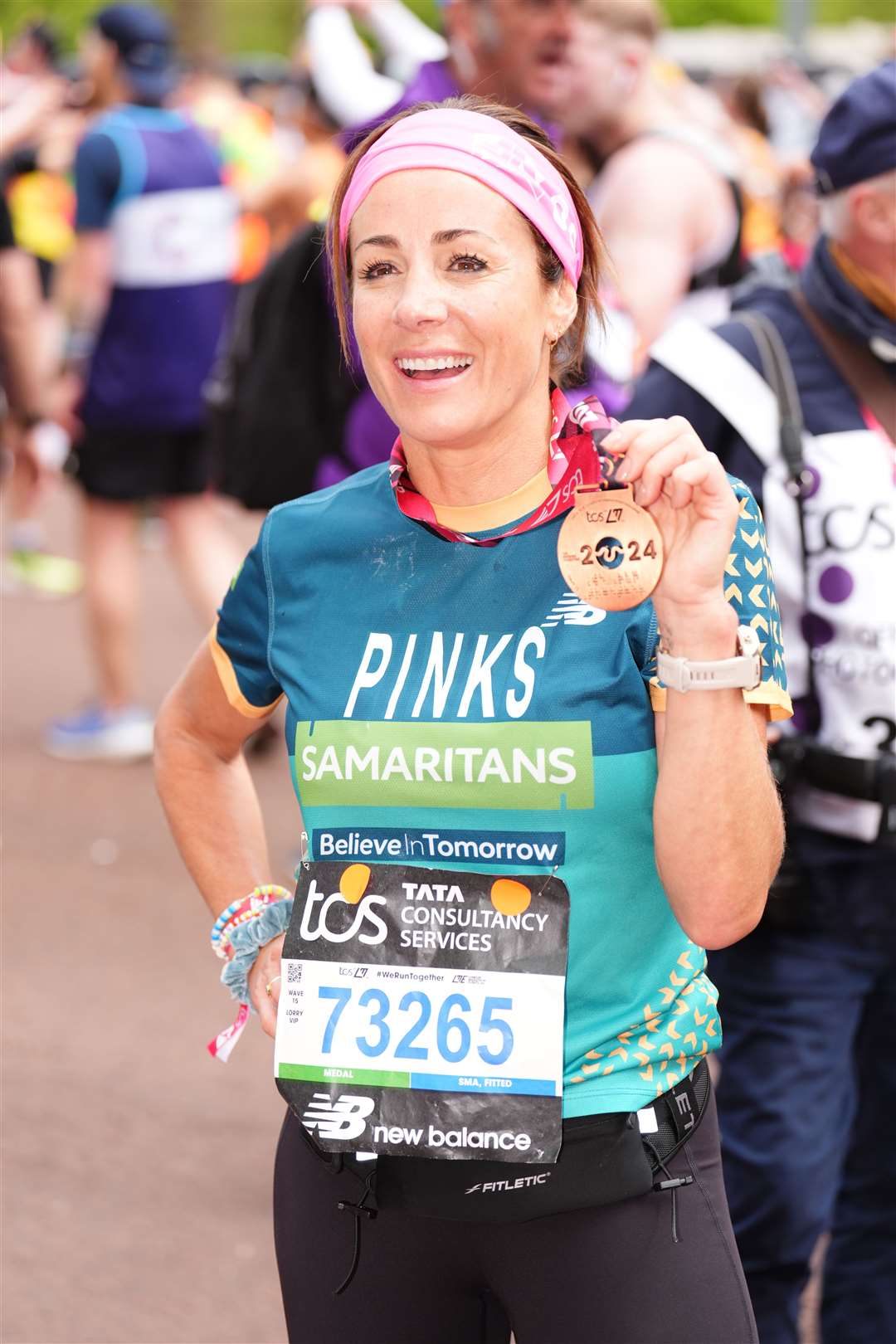 Natalie Pinkham ran for Samaritans in memory of her friend Caroline Flack who took her life in 2020 (John Walton/PA)