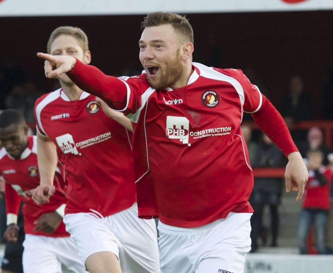 Billy Bricknell celebrates scoring from the penalty spot for Ebbsfleet against Bromley in the 2014 Conference South play-off semi-final, first leg Picture: Andy Payton