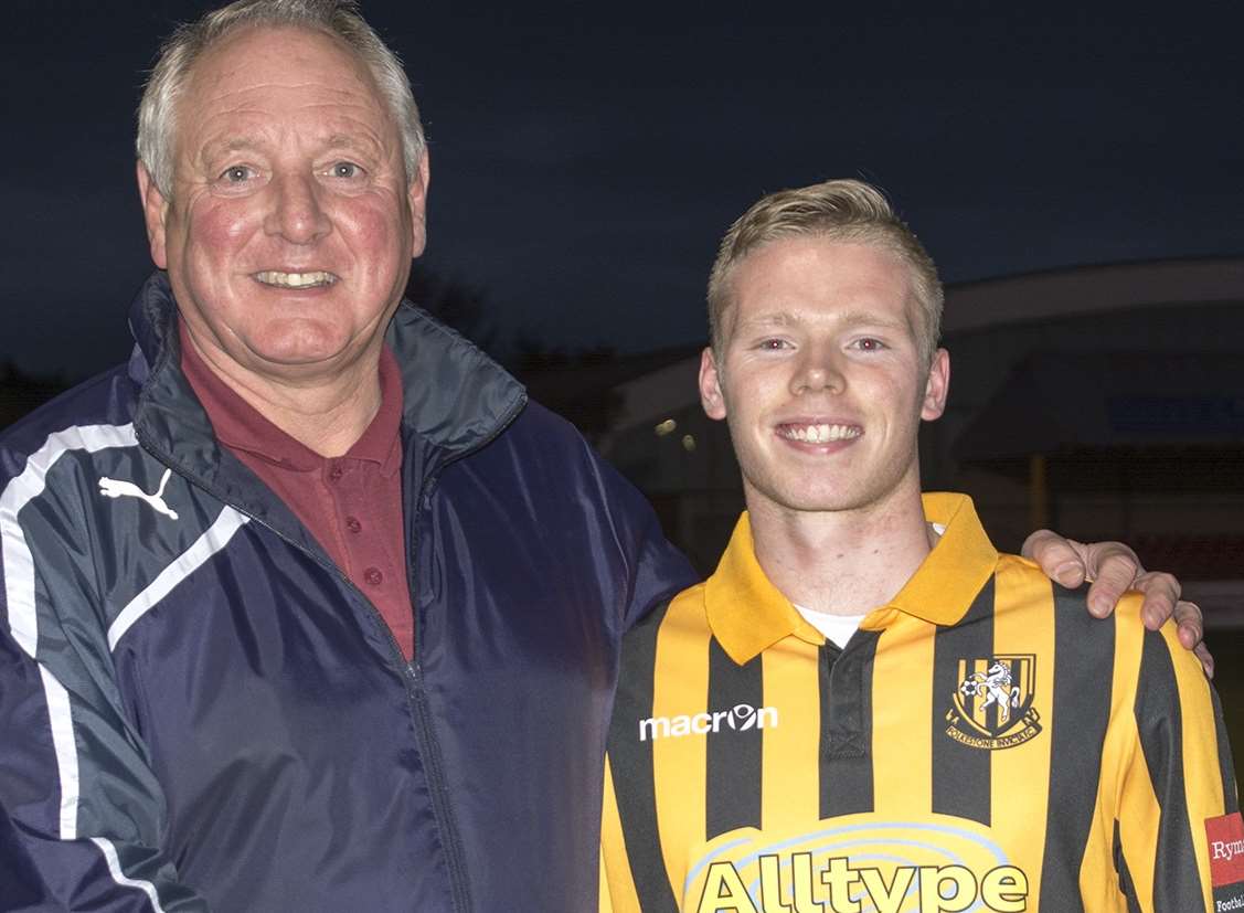 Folkestone Invicta manager Neil Cugley with his new signing Scott Heard