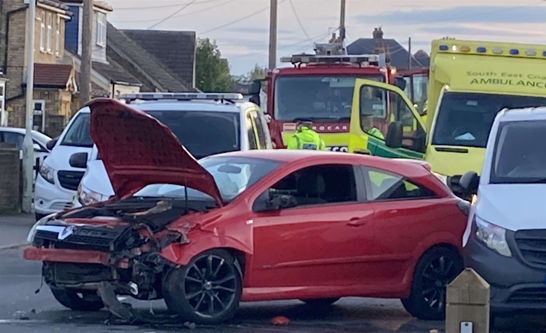 One of the cars after the crash in Queenborough Road, Halfway, near Sheerness East Working Men’s Club. Picture: John Nurden