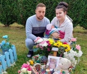David Matthews and Elena Sala at Rosanna's grave with baby Lola. Picture: Elena Sala