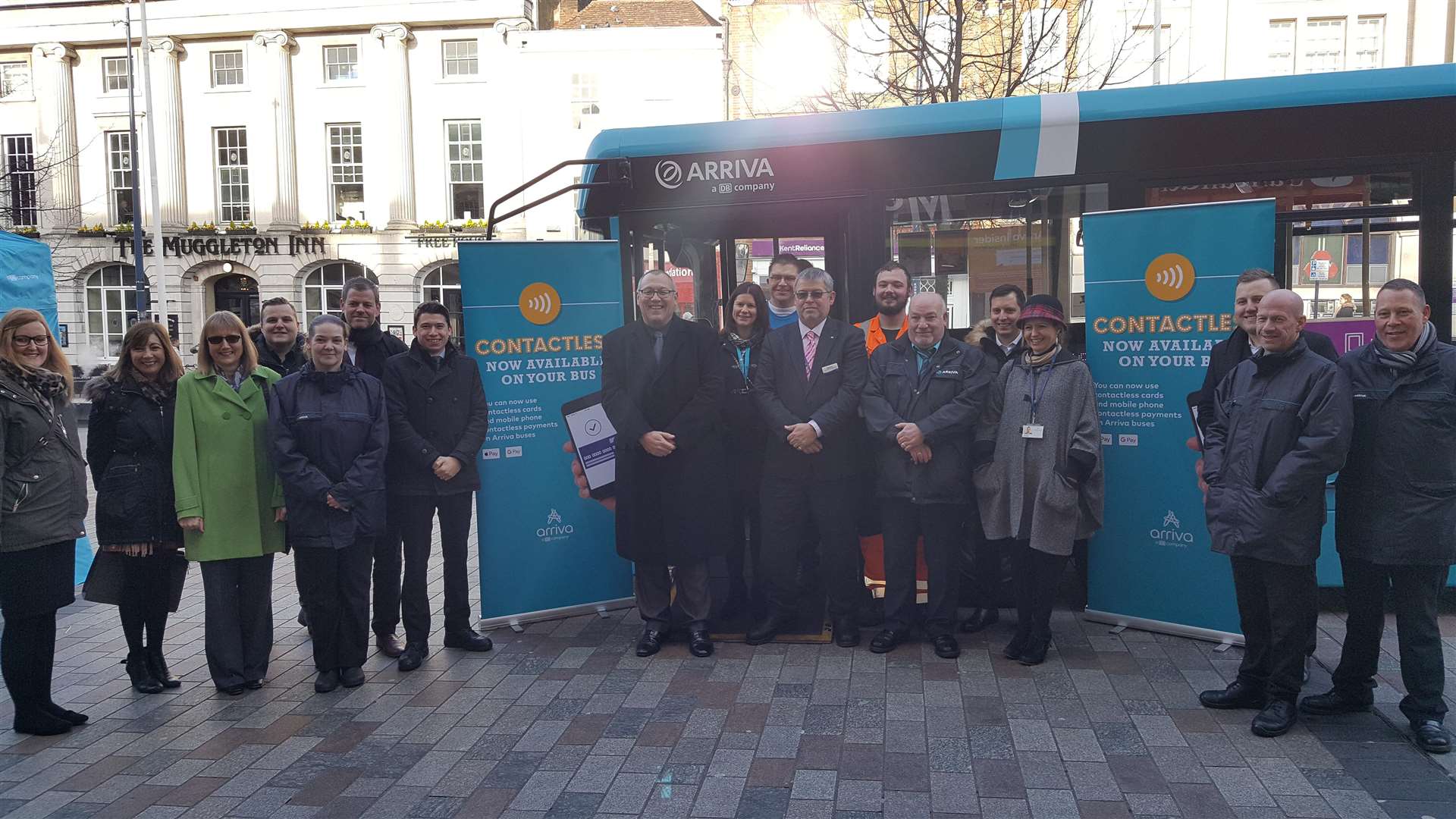 Cllr Martin Cox of Maidstone Borough Council and Nick Elsden, general manager of Arriva in Maidstone launch the contactless scheme in Jubilee Square, Maidstone