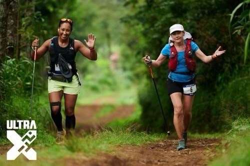 Tricia Sinclair on day two with a woman who lent her one of her poles (Ultra X/Luke Jarmey)