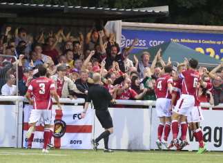 Ebbsfleet celebrate Jordan Parkes' first goal at the Gallagher Stadium Picture: Martin Apps