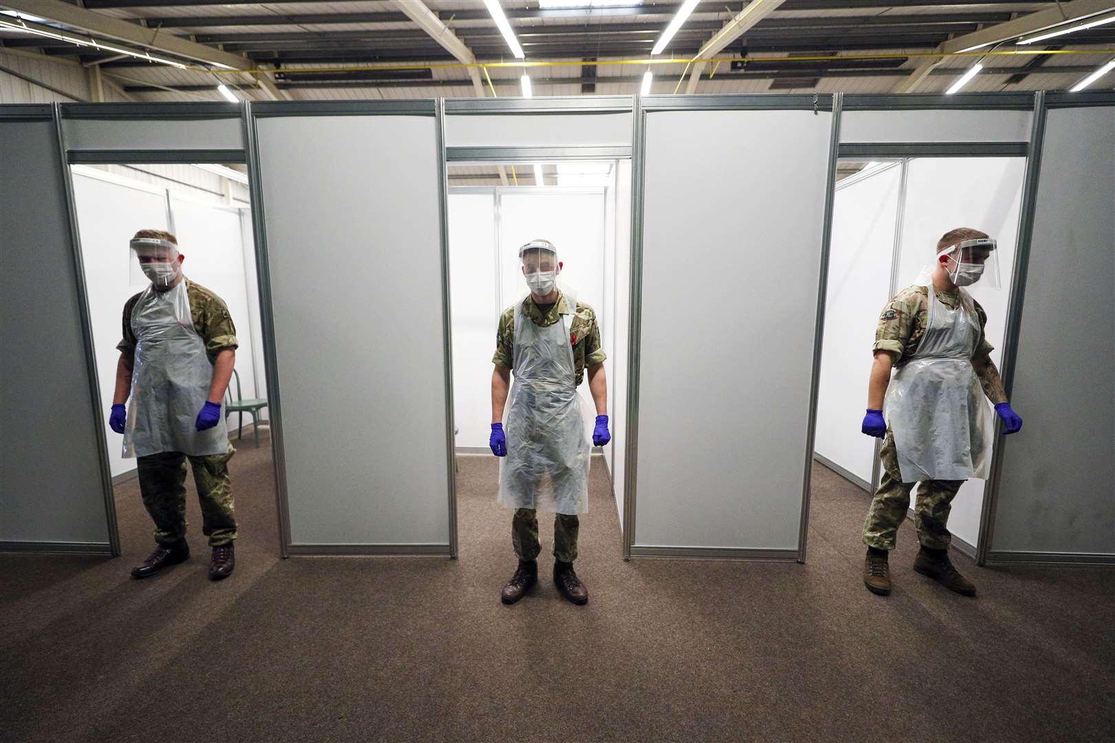 Soldiers at the Liverpool Tennis Centre in Wavertree before the start of the mass Covid-19 testing in Liverpool (Peter Byrne/PA)