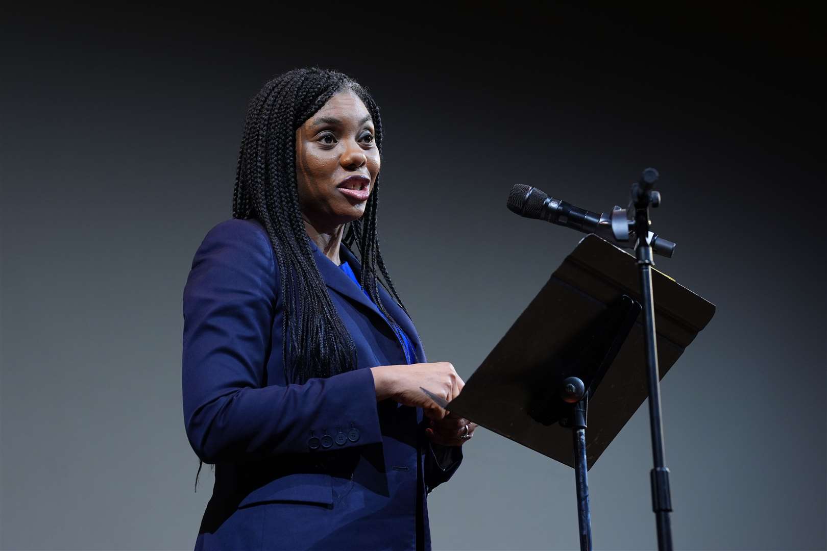 Conservative party leader Kemi Badenoch speaking at the Business Property Relief summit at the London Palladium (Lucy North/PA)