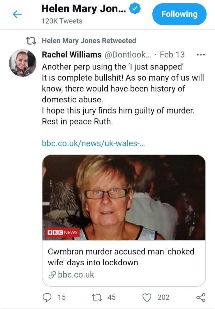 Rachel Williams’ tweet was shared by Plaid Cymru MS Helen Mary Jones on Saturday (Twitter/PA)