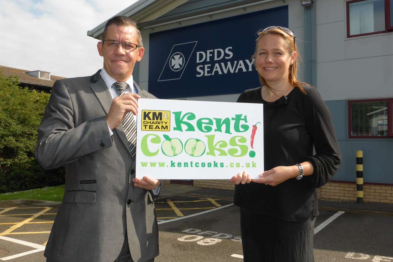 Emma Batchelor and Matthew McPhail from Kent ferry firm DFDS Seaways announce their support of KM Kent Cooks, the children's Masterchef-style cooking competition