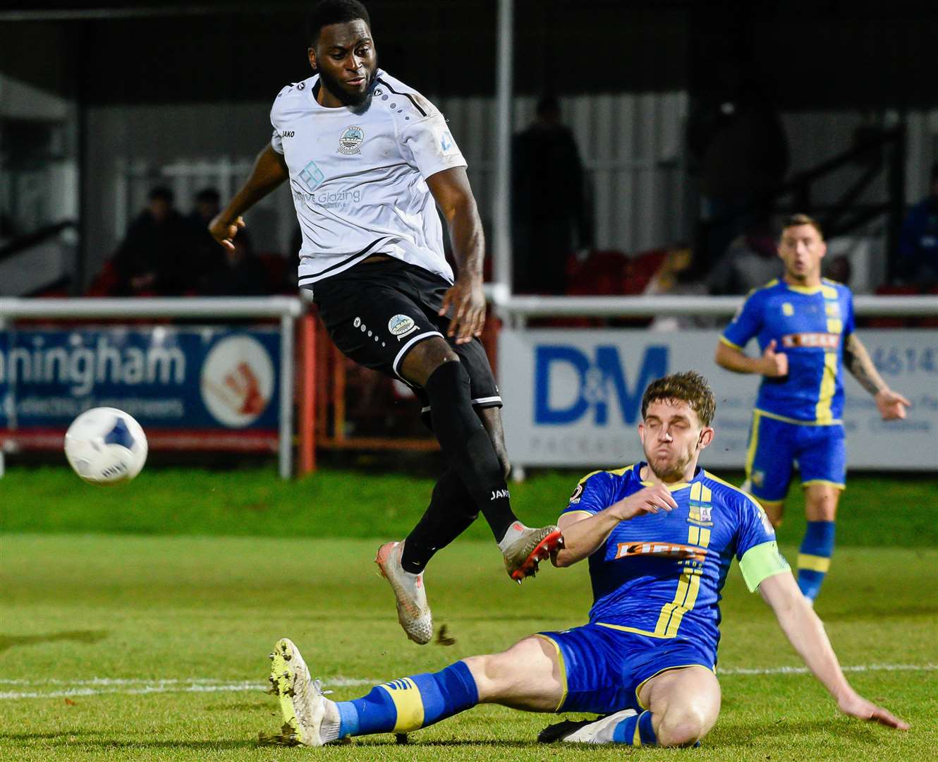 Inih Effiong's shot is blocked at close quarters by Solihull skipper Callum Howe Picture: Alan Langley