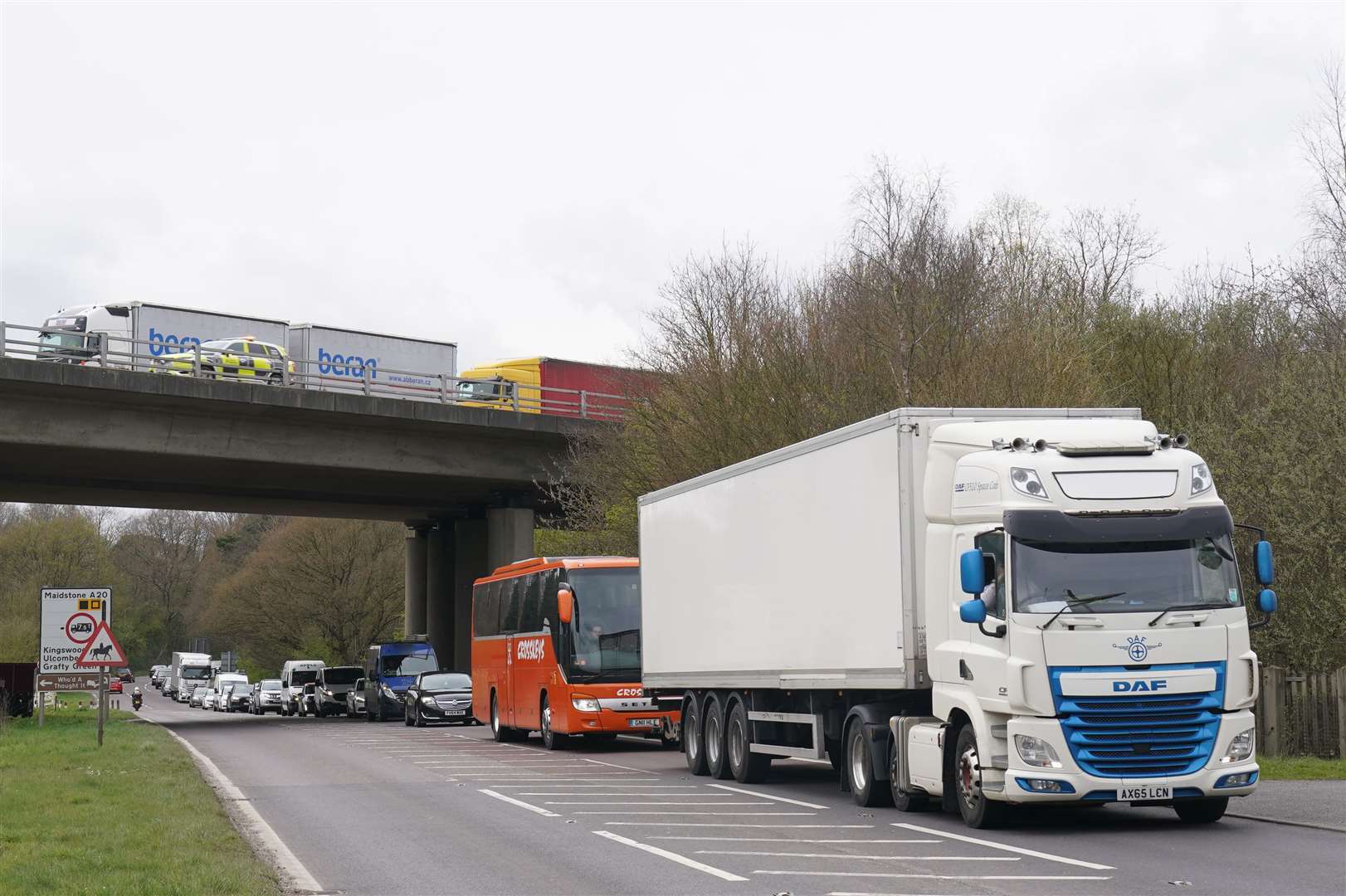 Lorries queued on the A20 near Maidstone in Kent (Gareth Fuller/PA)