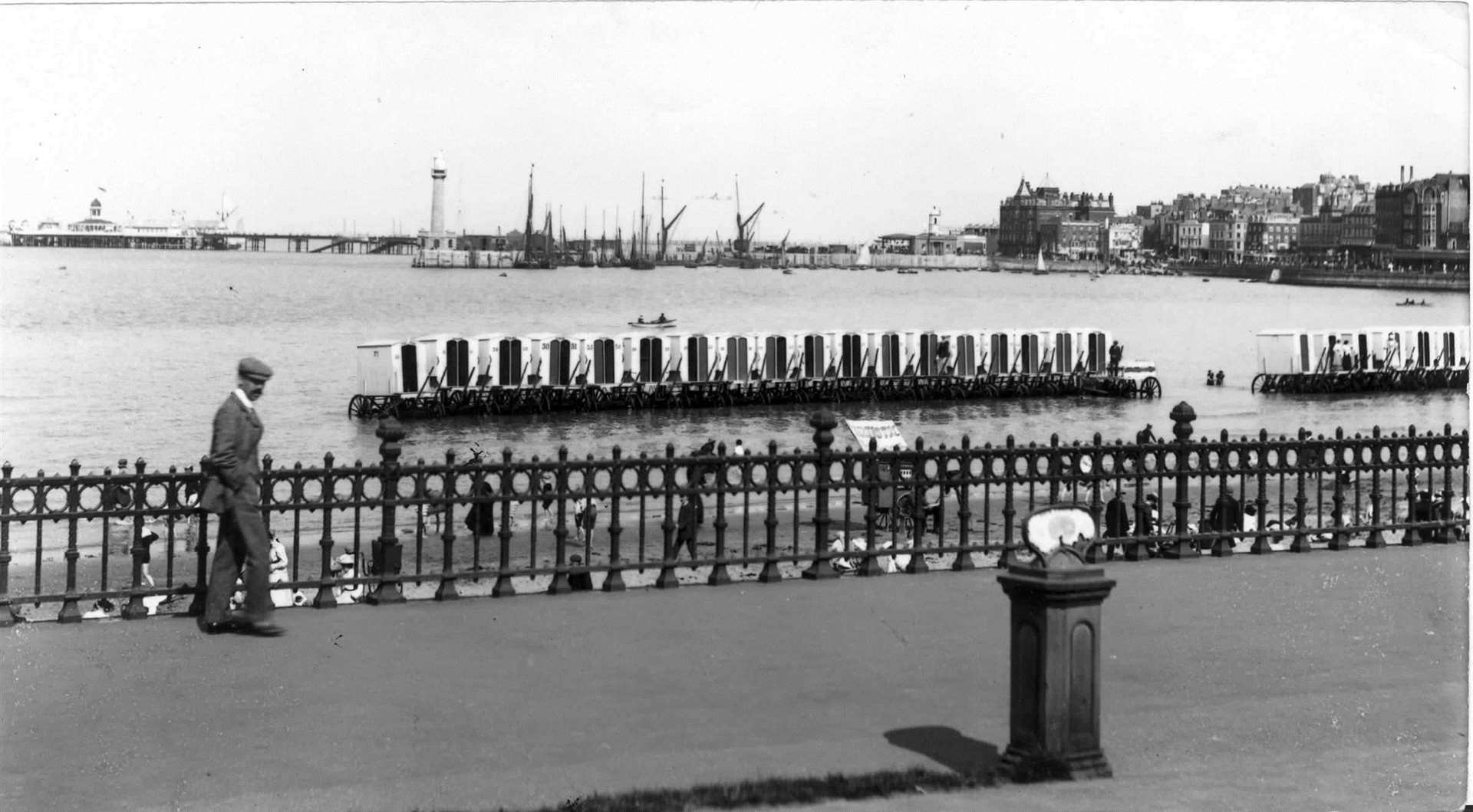 The Bathing Huts on Margate beach in 1908. Stock picture