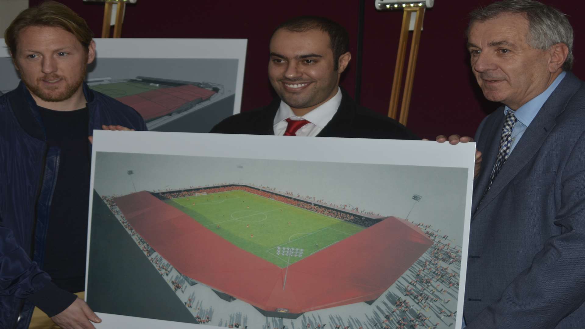 Ebbsfleet manager Jamie Day, chairman Dr Abdulla Al-Humaidi and vice-chairman Peter Varney