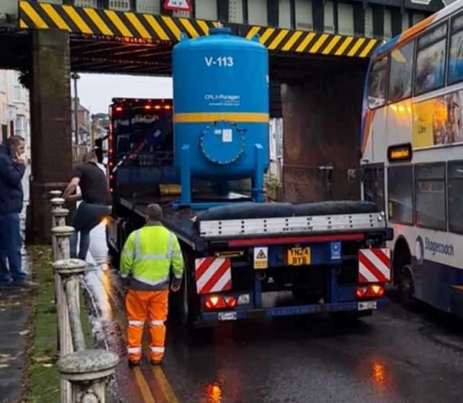 A tank on a lorry struck a railway bridge in Wincheap, Canterbury. Picture: William Harris