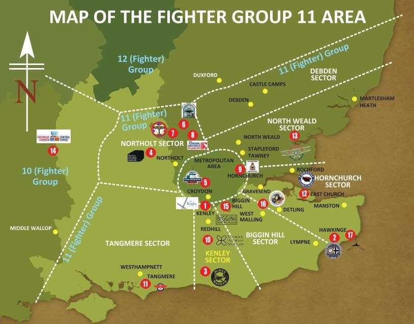 Map of the Heritage Trail which covers the Fighter Group 11 area which was at the centre of the Battle of Britain. Eastchurch Aviation Museum is location number 12