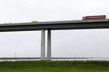 An incident on the mainland-bound carriageway of the Sheppey Crossing, almost at the highest point of the bridge, seen from the old Sheppey Way