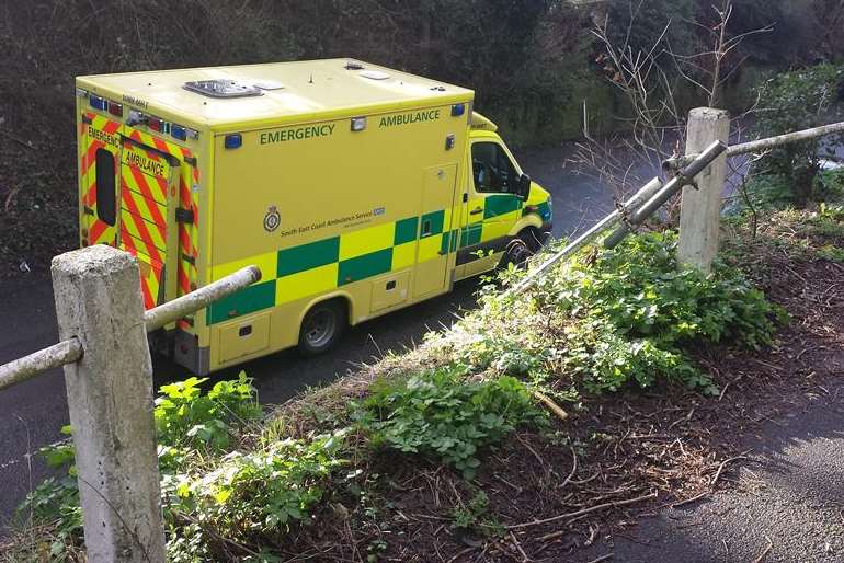 An ambulance at the scene of the fall in Church Lane, Harbledown