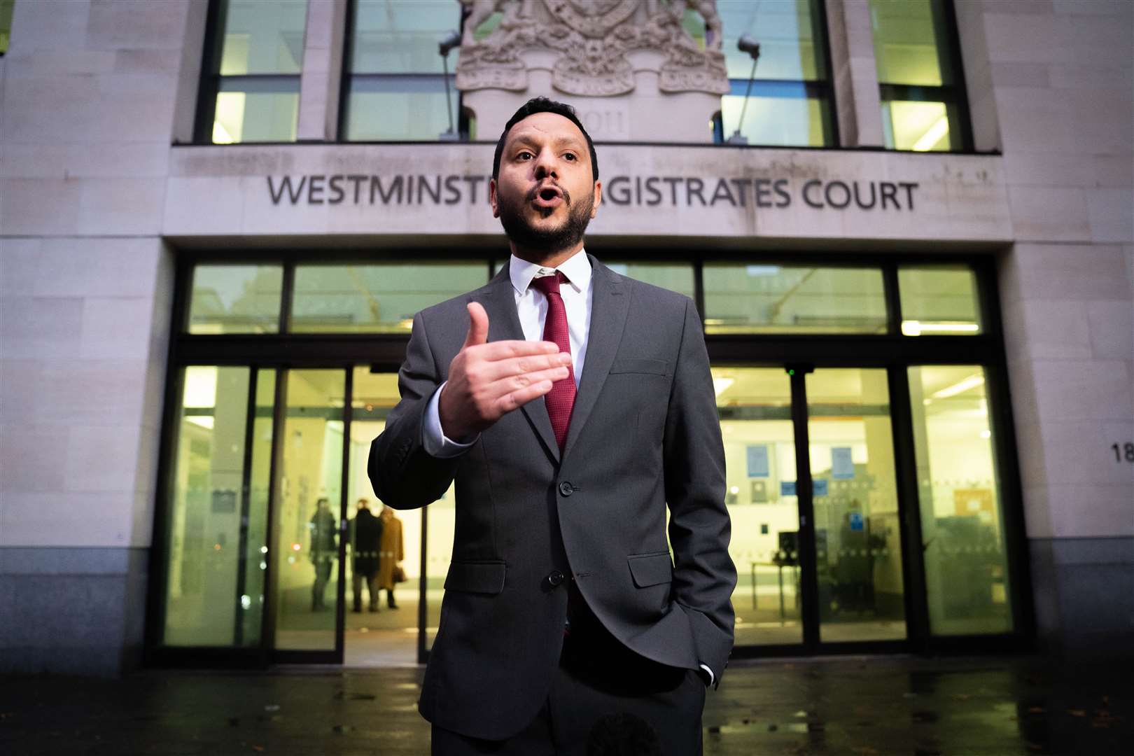 Sayed Ahmed Alwadaei speaking to the media outside Westminster Magistrates’ Court after Bob Stewart was found guilty of racially abusing the activist (James Manning/PA)