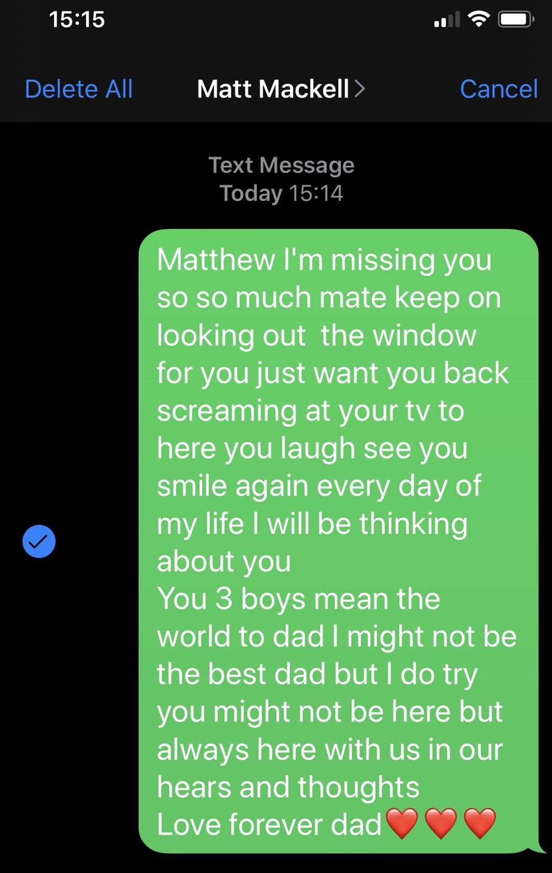 Michael Bond sent this heartfelt text to his son's phone. Picture: Michael Bond