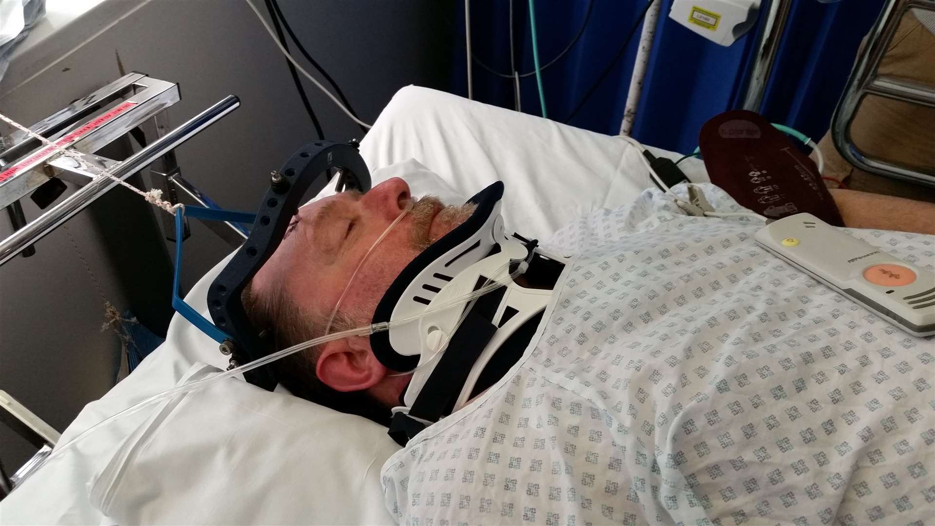 Signalman Doug Caddell in hospital in 2015 after being struck by a driver jumping the lights at East Farleigh crossing