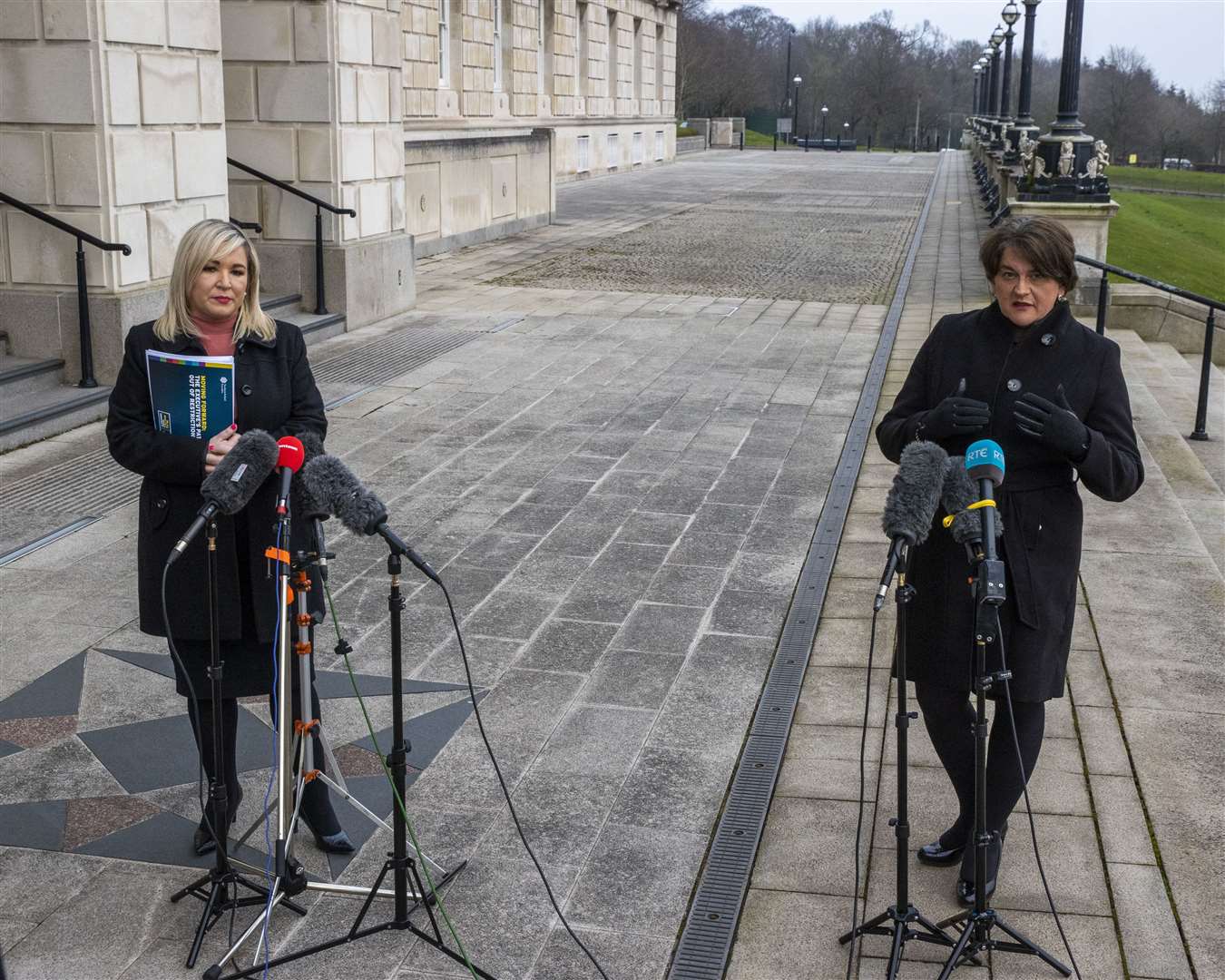 Deputy First Minister Michelle O’Neill and First Minister Arlene Foster during a press conference at Stormont on the pathway to recovery (Liam McBurney/PA)