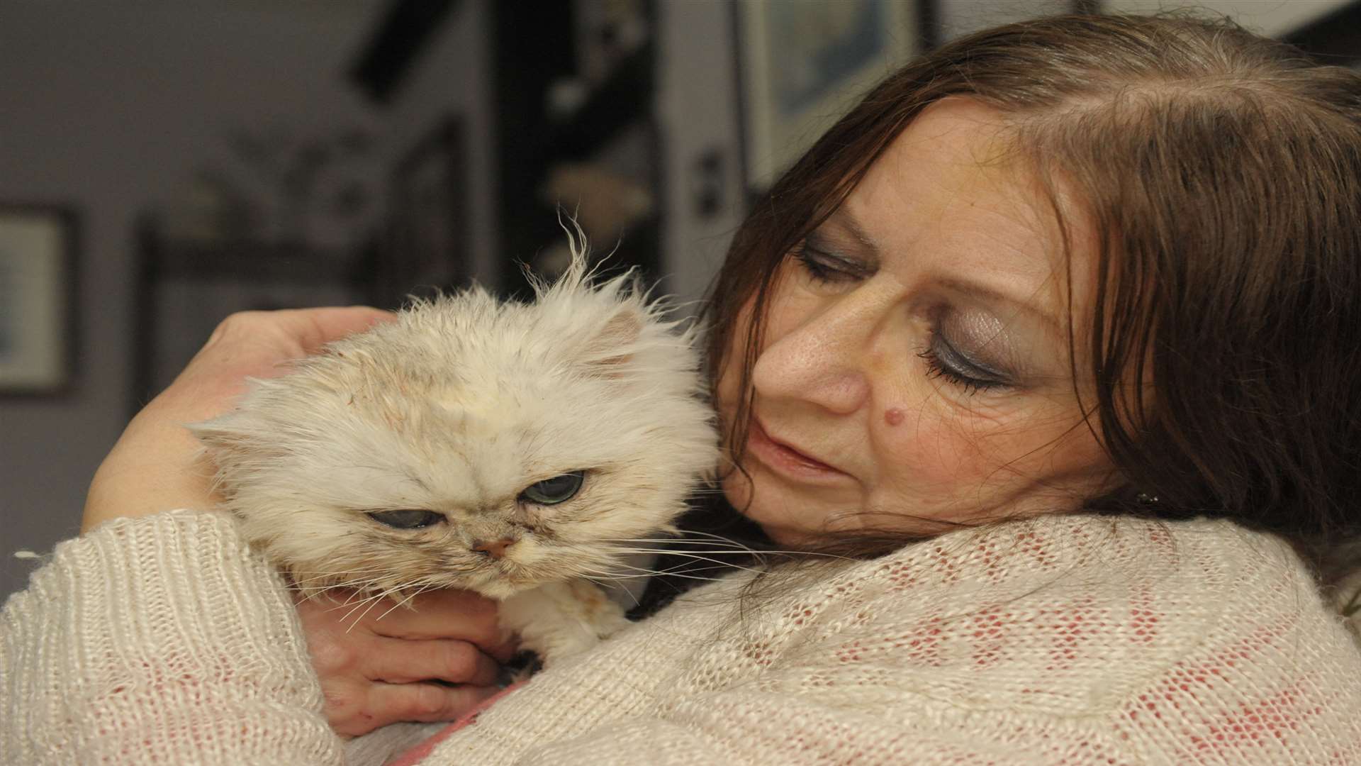 Michelle Denney with cat Squire, who has a broken jaw. Picture: Steve Crispe