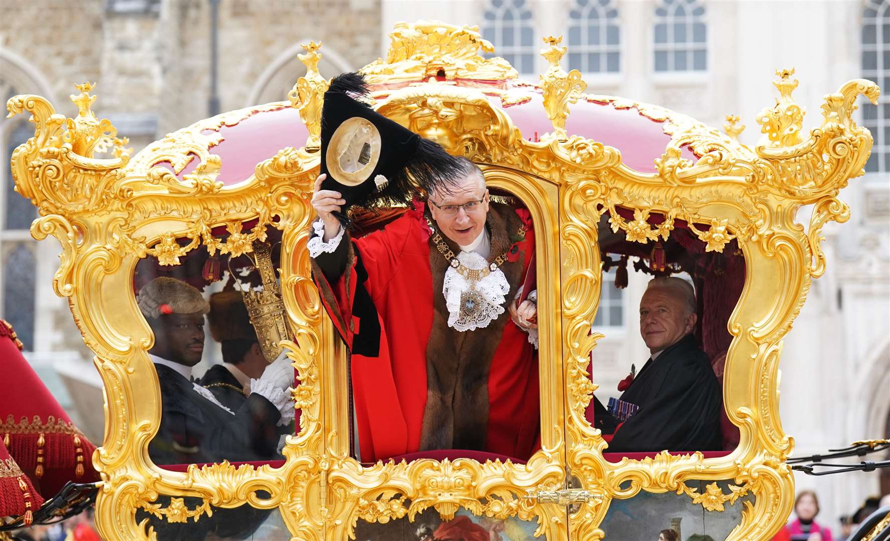 Alastair King, the 696th Lord Mayor of the City of London, waves from the state coach during the Lord Mayor’s Show (Stefan Rousseau/PA)